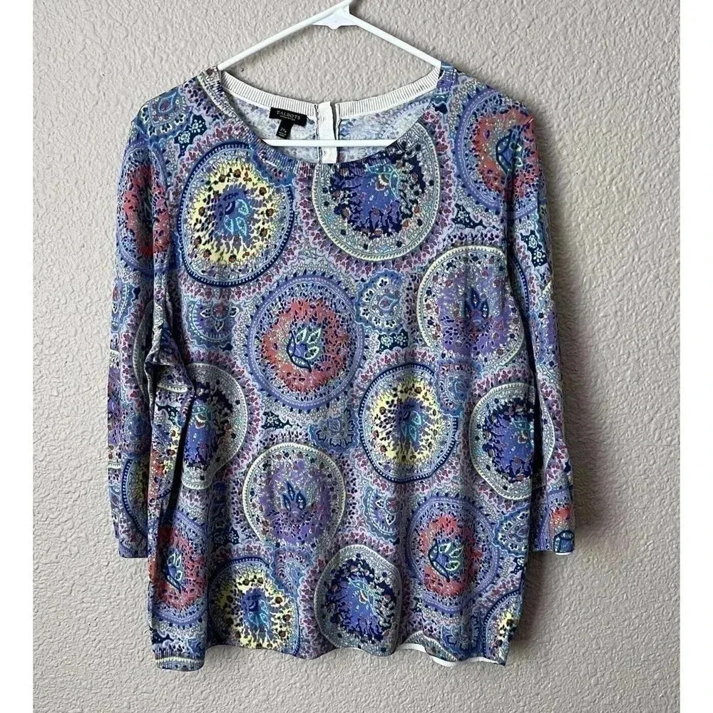 Talbots Womens Multicolor Pullover 3/4 Sleeve Sweater Size 2Xp Button Back